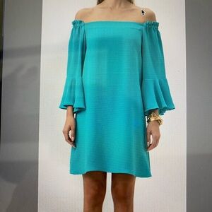 Trina Turk Blue Off-Shoulder Bell Sleeve Cocktail Dress
